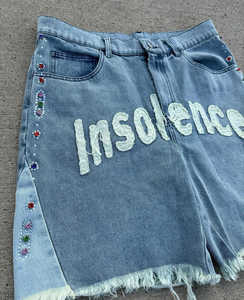 Custom apliques bordado parche Logo Raw Hem Cut Rdge Jorts Jogger pantalones cortos de mezclilla con diamantes de imitación Streetwear Jean Shorts-para hombres - Product Image 6