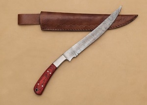 Hermosa cuchilla de chef hecha a mano de acero de Damasco – Mango de madera, 12 pulgadas de largo total y filo biselado para caza - Product Image 4