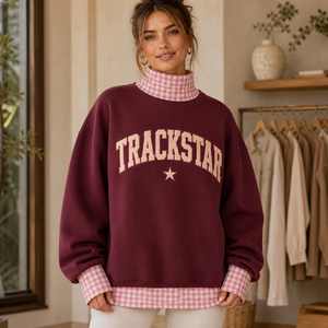 Burgundy Women's Mock Neck Sweatshirt <b>Pink</b> Gingham Trim Cream Varsity Applique Embroidered Border Custom Trackstar Pullover - Product Image 1