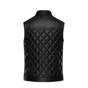 <b>Men's</b> <b>Black</b> Synthetic Leather Moto <b>Vest</b> Quilted Stand Collar Zipper Waistcoat - Product Image 2