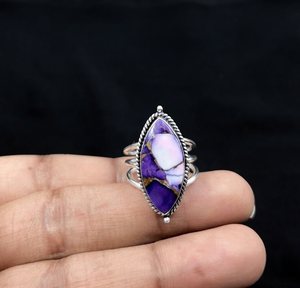 Anillo Marquise de Jaspe Dahlia Morado, Cabujón de Piedra Preciosa Blanca Lavanda, Joyería Vintage de Tono Plateado Estilo Suroeste - Product Image 4