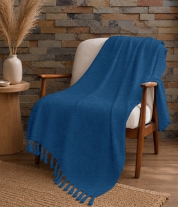 Solid <b>Blue</b> Rectangular Woven Throw <b>Blanket</b> with Tassels All-Season Home Use Simple Style Folded Wool Acrylic Material - Product Image 1