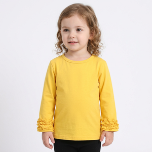 Girls' Spring Autumn Winter Comfortable Soft Crew Neck Long Sleeve T-Shirt 100% Cotton Breathable Wood Ear Lace Cuffs Versatile - Product Image 1