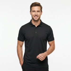 Polo à manches courtes pour homme, noir, 100% polyester, tricoté, respirant, couleur unie, coupe classique, boutons - Product Image 5