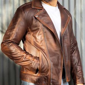 Nouvelle veste en cuir véritable pour homme, style motard urbain, col montant, fermeture éclair asymétrique, revers cirés à la main, marron - Product Image 5