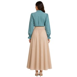 Conjunto de Blusa Bordada y Falda Maxi para Mujer en Verde Mar y Beige, Manga Larga, Cierre de Botones, Cintura Alta, con Cinturón, Estilo Modesto, OEM - Product Image 2