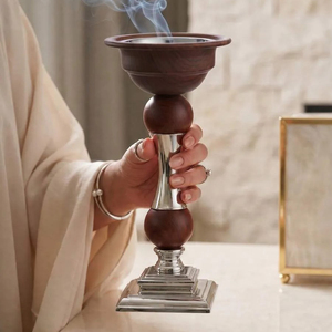 <b>Silver</b> Metal Tall Incense <b>Burner</b> Featuring Dark Wooden Bowl Upper Section Accent Ideal For Modern Traditional Arabic Decoration - Product Image 4