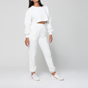 Women <b>White</b> Cotton <b>Tracksuit</b> Set Crew Neck Crop Top Full Length Pants Elastic Waist Loose Fit Casual Wear Spring Style - Product Image 1