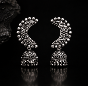 Oxidized <b>Silver</b> Brass Bell Indian Jhumka <b>Earrings</b> Zircon Pear Cut Bezel Setting Handmade Classic Bohemian Antique <b>Silver</b> Plated - Product Image 2
