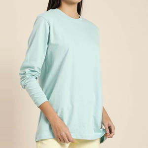 T-shirt à manches longues et col rond pour femme, bleu clair, 100% coton, coupe ample, couleur unie, anti-boulochage, logo, à porter toute l'année - Product Image 2