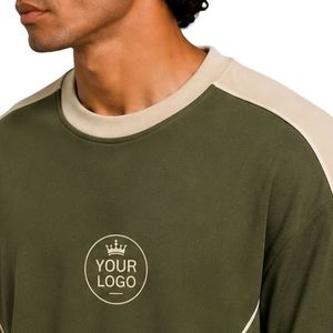 Ensemble T-shirt et short surdimensionné vert olive pour homme avec empiècements contrastants beiges, logo personnalisé, col rond, style streetwear décontracté, vente en gros - Product Image 5