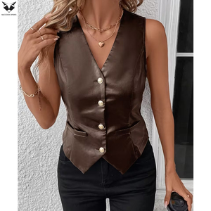 Nuevo Chaleco de Cuero Sintético para Mujer, Estilo Vintage, Color Marrón, Elegante, Formal, Sin Mangas, Cuello en V, Ajustado, para Club - Product Image 2