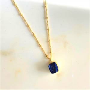 Lapis Lazuli Square Charm Pendant Sterling Silver Necklace Gold Plated Chain Blue Stone Women's Fashion High Quality IGI - Product Image 2