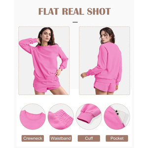 ชุดเสื้อสเวตเชิ้ตโอเวอร์ไซส์สีชมพูสำหรับผู้หญิง คอกลม แขนยาว สีพื้น ผ้าถัก คอตตอน ชุดสองชิ้น สไตล์ลำลอง สำหรับฤดูใบไม้ผลิ - Product Image 4