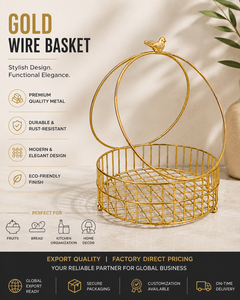 Golden Metal Wire Storage Basket Circle Shape With Bird Handle Elegant Home Decor Organizer for Kitchen and Living Space - Product Image 3