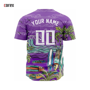 Maillot de baseball Corex imprimé intégral pour homme, violet, motif tropical, manches courtes, respirant, en polyester, vêtement de sport d'été - Product Image 3