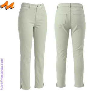 Pantalon décontracté pour femme, coupe régulière, cinq poches, ourlet fendu, tissu respirant, été-printemps, coton élasthanne 6,64 oz - Product Image 1