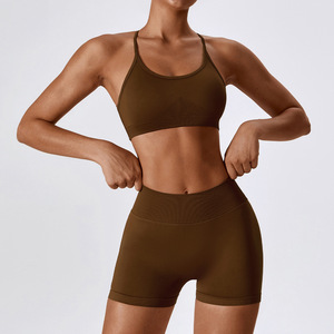 Seamless Women Yoga Sports <b>Bra</b> Set High Waist Shorts Red Medium Support <b>Racerback</b> Scoop Neck Solid Color Fitness Workout Wear - Product Image 3