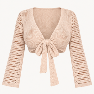 Top Corto de Punto con Cuello en V para Mujer, Manga Larga, Color Sólido, Lazo Frontal, Manga con Volantes, Cinturón de Encaje, Ropa Casual de Verano - Product Image 6