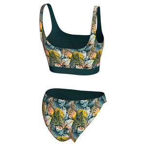 Conjunto de bikini con estampado tropical para mujer, top bandeau con cuello redondo, braguita hipster, tela elástica, traje de baño de 2 piezas - Product Image 6