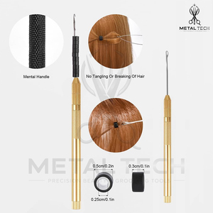 Gold Metal Hair Extension Loop <b>Threader</b> Latch Hook Pulling <b>Needle</b> Set With 3 Replaceable Tips Salon Micro Ring Fitting Tool - Product Image 3