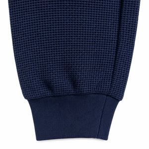 Men's Dark Blue Casual Waffle Jogger <b>Trousers</b> <b>Elastic</b> <b>Waist</b> Drawstring 100% Cotton Cuffs Ribbed Texture Plain Dyed OEM Service - Product Image 3