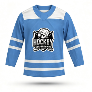 Maillot de hockey sur glace bleu personnalisé pour homme, respirant, écologique, imprimé numériquement, col en V, manches longues, 100 % polyester, maille color block - Product Image 4