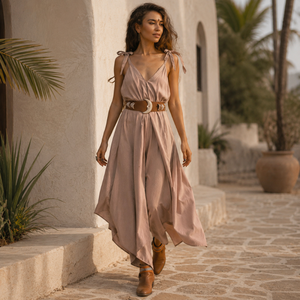 Combinaison élégante sans manches pour femme, coupe large, col en V, ceinturée, style bohème, séchage rapide, idéale pour la plage et les vacances d'été - Product Image 4