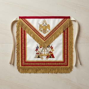 Custom Embroidered Leather <b>White</b> Masonic <b>Apron</b> with Gold Fringe Red Trim Double Headed Eagle Freemason Regalia Luxury - Product Image 1