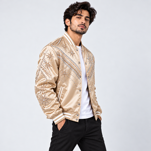 Chaqueta Varsity de Satén con Pedrería para Hombre, Chaqueta Bomber de Lujo Brillante con Diseño de Estrella de Cristal, Ropa de Calle Moderna, Informal de Invierno - Product Image 3