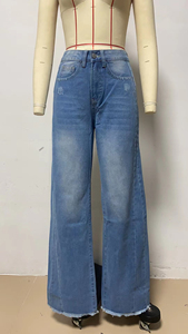 Pantalones vaqueros de mujer al por mayor, de cintura alta, pierna ancha, con dobladillo deshilachado, lavado medio, ajuste holgado, estilo casual - Product Image 5