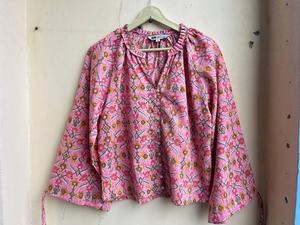 Top de verano con estampado de bloques a mano para mujer, Blusa de algodón Floral informal con bordado, prendas de vestir hechas a mano, ropa tejida de longitud corta - Product Image 4