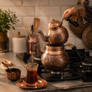 Traditional Turkish Copper <b>Tea</b> Kettle <b>Set</b> Handmade Enamel Copper Teapot Samovar Wooden Handle Hotel Restaurant Wholesale OEM - Product Image 4