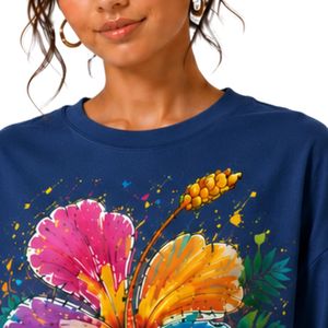 Camiseta Extra Grande Azul Marino para Mujer con Estampado Gráfico de Flor de Hibisco Colorida, Camiseta Casual de Algodón para Verano, Personalizada OEM ODM al por Mayor - Product Image 6