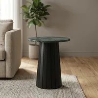 Table basse ronde moderne en marbre vert avec base en piédestal noir cannelé, cadre en bois durable fait à la main pour la décoration du salon