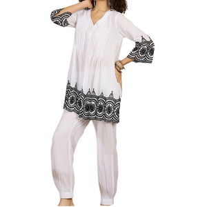 Conjunto de Top y Pantalón de Pijama de Alta Calidad para Mujer, Sin Mangas, con Volantes y Bordados, Transpirable, de Algodón, Hecho en India - Product Image 5