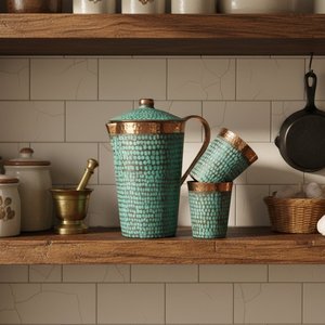 Carafe en cuivre martelé, pichet en cuivre pur pour l'eau potable, carafe décorative artisanale en cuivre avec couvercle, traditionnelle - Product Image 4
