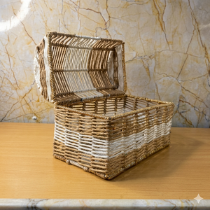 Cesta de Almacenamiento de Cuerda Tejida a Mano con Tapa, Caja de Regalo Decorativa Bicolor Natural, Contenedor Organizador Rectangular Ecológico - Product Image 1
