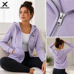 Sudadera con capucha para mujer con cremallera, de color liso, de algodón polar transpirable, informal, con bolsillo y logo X, para otoño, OEM/ODM, de moda - Product Image 3