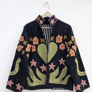 Hand Embroidered Velvet Suzani Jacket <b>Boho</b> Floral Winter Coat Cotton Stand Collar Breathable - Product Image 1