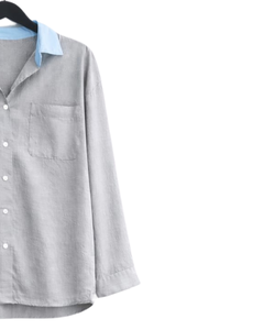 Ensemble deux pièces décontracté pour femme : chemise gris clair et pantalon gris foncé à jambes larges, en coton et lin, coupe ample, vêtements d'été, OEM - Product Image 4