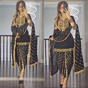 Women's Intricately Embroidered <b>Black</b> and Gold Dhoti Patiyala Suit - Product Image 3