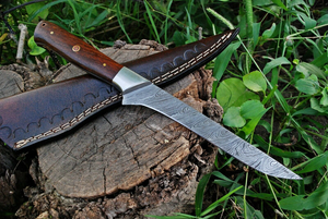 Couteau à filet en acier Damas fait main, lame fixe, couteau de pêche avec manche en bois de rose, étui en cuir véritable, vente en gros OEM - Product Image 5