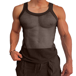 Men's <b>Black</b> Mesh Tank Top Round Neck Sleeveless Fitted Breathable Polyester Vest Summer Solid Color Adult Style - Product Image 6