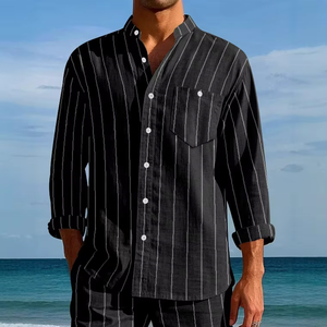 Chemise décontractée en lin pour homme à manches longues et col montant rayé, simple boutonnage, respirante, coupe tendance en tissu satiné - Product Image 5