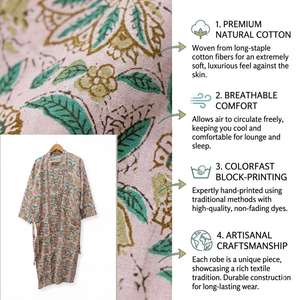 Kimono de Algodón Floral Morado Claro Premium |   Bata de dormir de manga larga con cuello en V para mujer |   Bata Larga de Algodón Puro, Diseño Exclusivo - Product Image 5