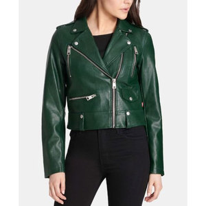 omen Dark Green Leather Jacket Classic Moto Biker <b>Coat</b> Ladies Fashion Slim Fit PU Outerwear Casual Zip Up Streetwear <b>Top</b> - Product Image 1