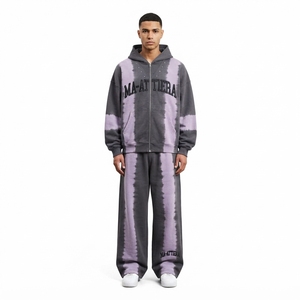 Conjunto de Sudadera con Capucha y Pantalones Tie Dye Gris Púrpura para Hombre, Sudadera con Cremallera y Detalles de Tachuelas, Pantalones de Pierna Ancha, Chándal de Dos Piezas Estilo Urbano - Product Image 1