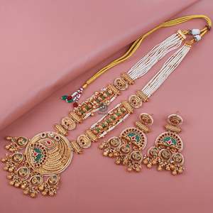 Sarita Antique Gold Plated Zircon Long <b>Necklace</b> & <b>Earring</b> <b>Set</b> for <b>Bridal</b> Festival - Product Image 1