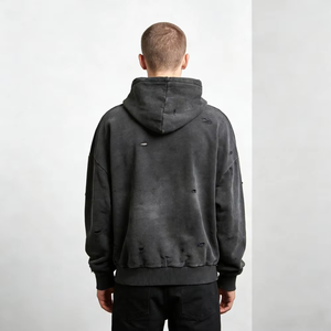 Sudadera con Capucha Extra Grande, Lavada, Desgastada y Rota, para Hombre, Negra, Felpa Francesa, 100% Algodón, Estilo Urbano Otoñal - Product Image 2